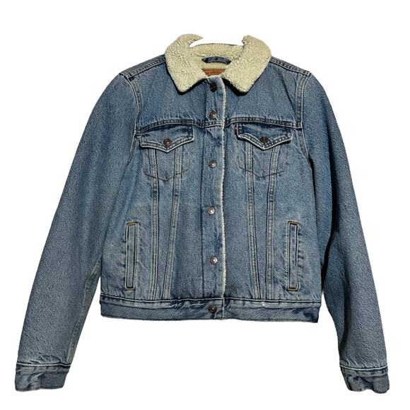 Levi's Boyfriend Sherpa Trucker Jean Jacket Addicted To Love Snap Button Blue M - Picture 2 of 6